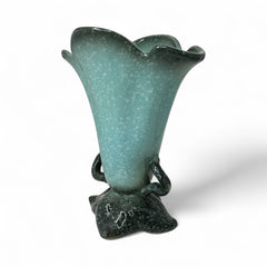 Vintage Hull Pottery vase with scalloped rim, aqua and speckled green glaze, double handles, and flared silhouette, photographed to highlight its mid-century design and glossy ceramic finish.