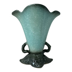 Vintage Hull Pottery vase with scalloped rim, aqua and speckled green glaze, double handles, and flared silhouette, photographed to highlight its mid-century design and glossy ceramic finish.