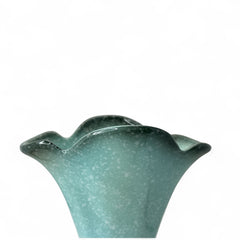 Vintage Hull Pottery vase with scalloped rim, aqua and speckled green glaze, double handles, and flared silhouette, photographed to highlight its mid-century design and glossy ceramic finish.