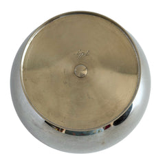 Vintage signed Igi nickel‑plated brass and black plastic modernist candy dish with lid, shown from multiple angles including signature underside.