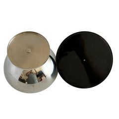 Vintage signed Igi nickel‑plated brass and black plastic modernist candy dish with lid, shown from multiple angles including signature underside.