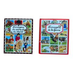 Vintage French children’s book bundle featuring L’Imagerie de la Ferme (1995) and L’Imagerie du Poney et du Cheval (1998) by Fleurus, displayed with colorful illustrated covers and charming countryside themes.