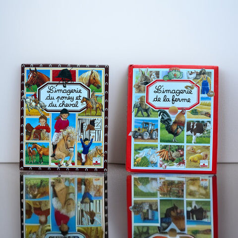Vintage French children’s book bundle featuring L’Imagerie de la Ferme (1995) and L’Imagerie du Poney et du Cheval (1998) by Fleurus, displayed with colorful illustrated covers and charming countryside themes.