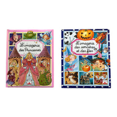 Bundle of two French children's books from the 'L’Imagerie des Tout-Petits' series by Fleurus, featuring 'Les Sorcières et les Fées' (1997) and 'Les Princesses' (2003), shown in excellent vintage condition.