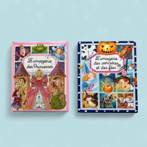 Bundle of two French children's books from the 'L’Imagerie des Tout-Petits' series by Fleurus, featuring 'Les Sorcières et les Fées' (1997) and 'Les Princesses' (2003), shown in excellent vintage condition.