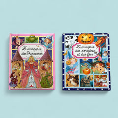 Bundle of two French children's books from the 'L’Imagerie des Tout-Petits' series by Fleurus, featuring 'Les Sorcières et les Fées' (1997) and 'Les Princesses' (2003), shown in excellent vintage condition.