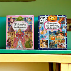 Bundle of two French children's books from the 'L’Imagerie des Tout-Petits' series by Fleurus, featuring 'Les Sorcières et les Fées' (1997) and 'Les Princesses' (2003), shown in excellent vintage condition.