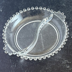 Clear Imperial Candlewick divided glass dishes with beaded rims and side handles, shown from multiple angles to display shape and condition.