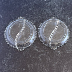Clear Imperial Candlewick divided glass dishes with beaded rims and side handles, shown from multiple angles to display shape and condition.