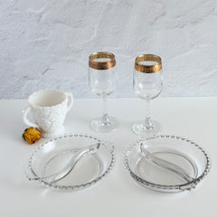 Clear Imperial Candlewick divided glass dishes with beaded rims and side handles, shown from multiple angles to display shape and condition.