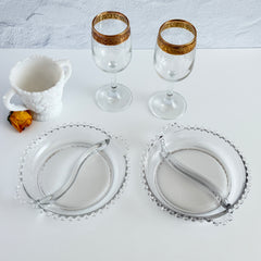 Clear Imperial Candlewick divided glass dishes with beaded rims and side handles, shown from multiple angles to display shape and condition.