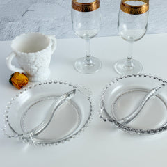 Clear Imperial Candlewick divided glass dishes with beaded rims and side handles, shown from multiple angles to display shape and condition.