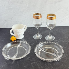 Clear Imperial Candlewick divided glass dishes with beaded rims and side handles, shown from multiple angles to display shape and condition.
