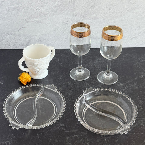 Clear Imperial Candlewick divided glass dishes with beaded rims and side handles, shown from multiple angles to display shape and condition.