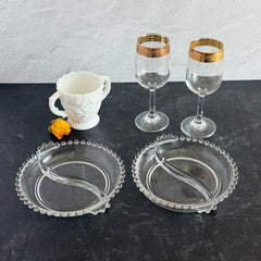 Clear Imperial Candlewick divided glass dishes with beaded rims and side handles, shown from multiple angles to display shape and condition.