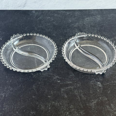 Clear Imperial Candlewick divided glass dishes with beaded rims and side handles, shown from multiple angles to display shape and condition.