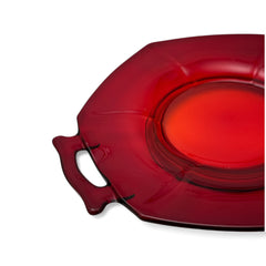 Vintage Imperial Glass Ruby Red Molly serving dish with hexagonal shape, twin handles, and low footed base, shown in various lighting to highlight its translucent red pressed glass and geometric design.