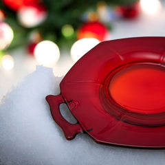 Vintage Imperial Glass Ruby Red Molly serving dish with hexagonal shape, twin handles, and low footed base, shown in various lighting to highlight its translucent red pressed glass and geometric design.