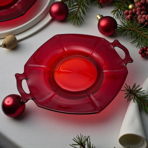 Vintage Imperial Glass Ruby Red Molly serving dish with hexagonal shape, twin handles, and low footed base, shown in various lighting to highlight its translucent red pressed glass and geometric design.
