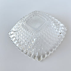 Vintage Indiana Glass Diamond Point square bowl with clear pressed glass pattern and scalloped edge