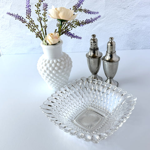 Vintage Indiana Glass Diamond Point square bowl with clear pressed glass pattern and scalloped edge