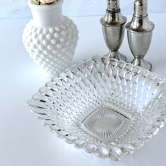 Vintage Indiana Glass Diamond Point square bowl with clear pressed glass pattern and scalloped edge