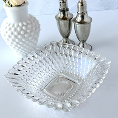 Vintage Indiana Glass Diamond Point square bowl with clear pressed glass pattern and scalloped edge