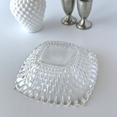 Vintage Indiana Glass Diamond Point square bowl with clear pressed glass pattern and scalloped edge