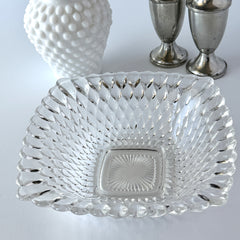 Vintage Indiana Glass Diamond Point square bowl with clear pressed glass pattern and scalloped edge
