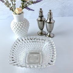 Vintage Indiana Glass Diamond Point square bowl with clear pressed glass pattern and scalloped edge
