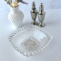 Vintage Indiana Glass Diamond Point square bowl with clear pressed glass pattern and scalloped edge