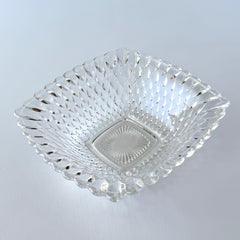Vintage Indiana Glass Diamond Point square bowl with clear pressed glass pattern and scalloped edge