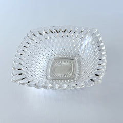 Vintage Indiana Glass Diamond Point square bowl with clear pressed glass pattern and scalloped edge