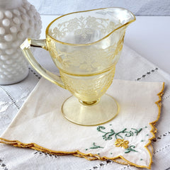 Vintage Indiana Glass Vernon Pattern #616 yellow Depression glass footed creamer with floral etched design and pedestal base