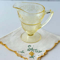 Vintage Indiana Glass Vernon Pattern #616 yellow Depression glass footed creamer with floral etched design and pedestal base
