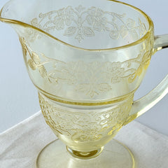 Vintage Indiana Glass Vernon Pattern #616 yellow Depression glass footed creamer with floral etched design and pedestal base