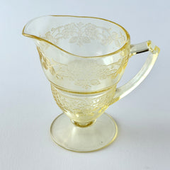 Vintage Indiana Glass Vernon Pattern #616 yellow Depression glass footed creamer with floral etched design and pedestal base