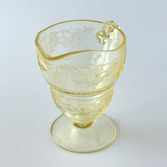 Vintage Indiana Glass Vernon Pattern #616 yellow Depression glass footed creamer with floral etched design and pedestal base