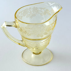 Vintage Indiana Glass Vernon Pattern #616 yellow Depression glass footed creamer with floral etched design and pedestal base