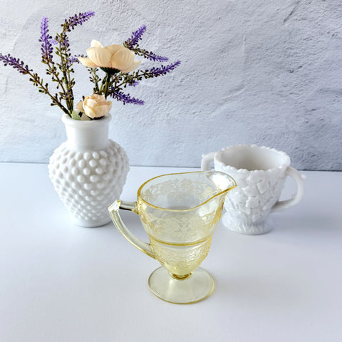 Vintage Indiana Glass Vernon Pattern #616 yellow Depression glass footed creamer with floral etched design and pedestal base
