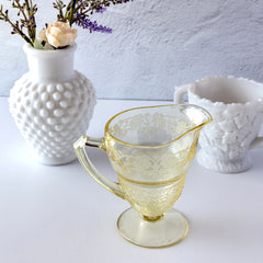Vintage Indiana Glass Vernon Pattern #616 yellow Depression glass footed creamer with floral etched design and pedestal base