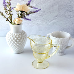 Vintage Indiana Glass Vernon Pattern #616 yellow Depression glass footed creamer with floral etched design and pedestal base