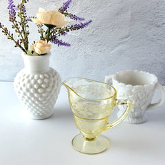 Vintage Indiana Glass Vernon Pattern #616 yellow Depression glass footed creamer with floral etched design and pedestal base