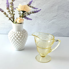 Vintage Indiana Glass Vernon Pattern #616 yellow Depression glass footed creamer with floral etched design and pedestal base