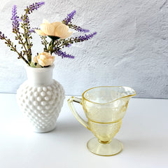 Vintage Indiana Glass Vernon Pattern #616 yellow Depression glass footed creamer with floral etched design and pedestal base