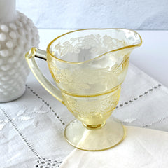 Vintage Indiana Glass Vernon Pattern #616 yellow Depression glass footed creamer with floral etched design and pedestal base