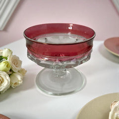 Set of vintage Indiana Glass cranberry sherbet glasses with thumbprint detailing, styled with soft lighting and floral accents to highlight their color, texture, and collectible charm.