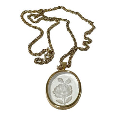 Vintage 1970s Clear Lucite Reverse Carved Rose Pendant Necklace