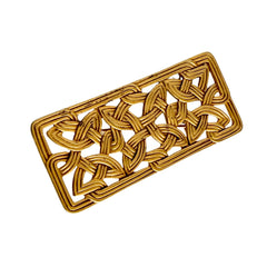 Vintage JJ Jonette brooch with interwoven Celtic knot design in gold‑tone metal, shown from various angles to display details and condition.