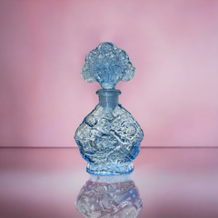 Vintage Japan Blue Pressed Glass Art Deco Style Cherubs Perfume Bottle | 1950s Decorative Scent Bottle with Dauber | Vintage Gift Idea